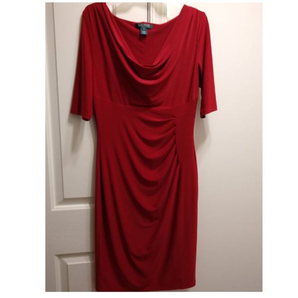 Ralph  Lauren Women's Red  cascading neck  sheath Fashionable Dress